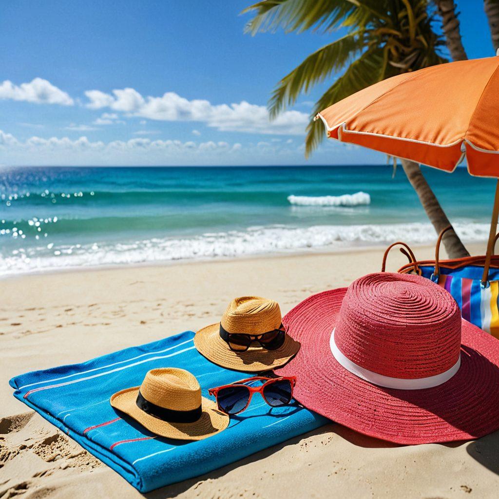 A stylish beach scene featuring an array of trendy beach accessories like vibrant sunglasses, colorful beach towels, chic hats, and fashionable flip-flops scattered on a sandy shore. The background should showcase gentle waves and a bright blue sky, creating a lively atmosphere. Include a sun umbrella and a beach bag to enhance the seaside vibe. The overall composition should convey a sense of fun and fashion. super-realistic. vibrant colors. sunny background.